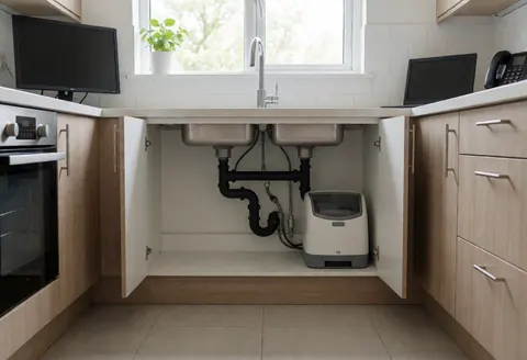 Clean modern kitchen with open cabinets revealing pipes and a bait station under the sink, illuminated by natural light from a window.