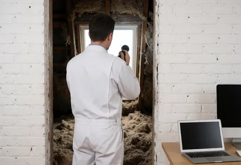 Technician in white uniform inspecting roof with insulation, white brick walls, and natural light during pest control service