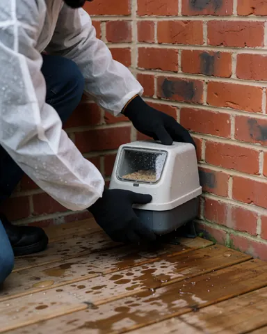 Pest control technician in protective gear places a bait station on a wooden deck near a red brick wall during rain.