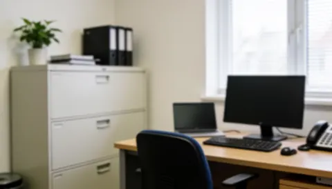 A tidy office space featuring a filing cabinet, desk, computer, and window, suitable for professional pest control services.