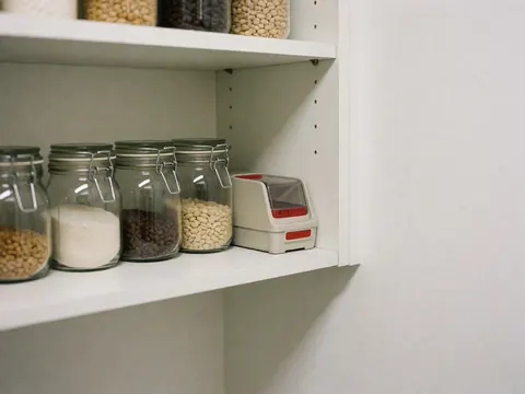 Beige pest control bait station with red indicators placed on a white shelf next to glass food jars in a kitchen setting.