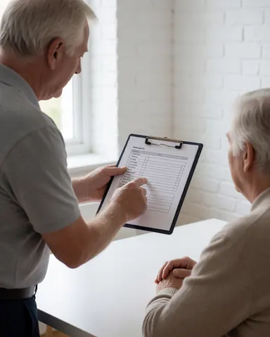 Pest control technician holding a checklist while speaking with a seated client in a kitchen with white brick walls and natural light
