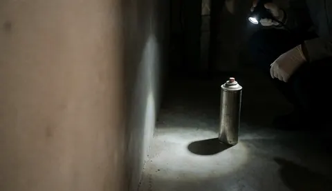 A professional pest control technician wearing gloves uses a flashlight to inspect a concrete basement for signs of infestation during a service call.
