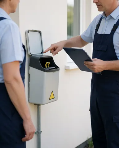 Technician and client reviewing a new wall-mounted bait station with tools and a tablet guide during pest control service