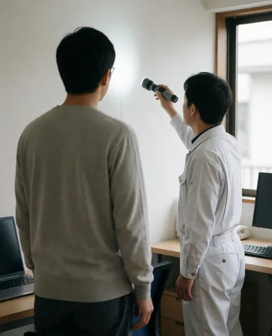 Pest control technician in white uniform inspects a wall with a flashlight while a client watches in a well-lit office.