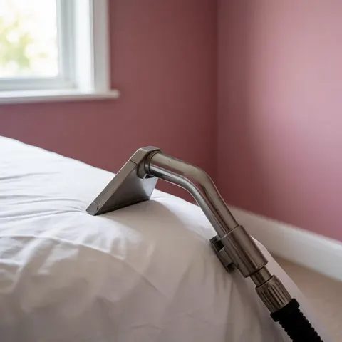 Close-up of a steam cleaning nozzle resting on a white bedspread in a room with pink walls and natural light, suitable for pest control services.