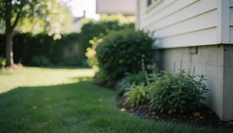 Well-maintained green grass and vegetation growing close to the concrete foundation of a residential home, suitable for pest control service backgrounds.