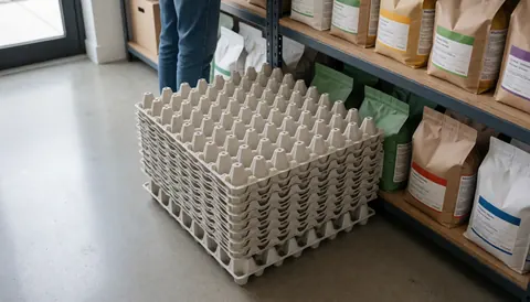 Stacked empty egg cartons in a poultry farm with feed bags on shelves and clean concrete floor