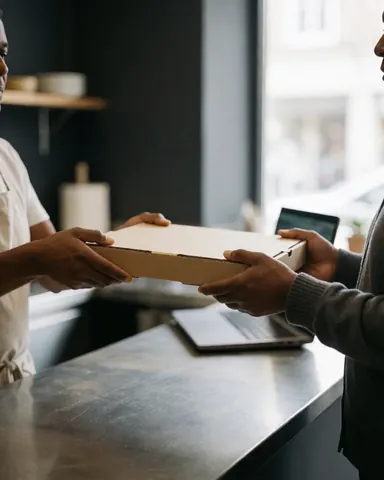 Pizza shop employee hands a pizza box to a customer at the counter with gray walls and natural light