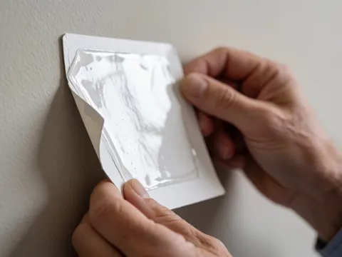 Close-up of a hand applying an adhesive pest control trap to a textured wall surface for professional pest management.