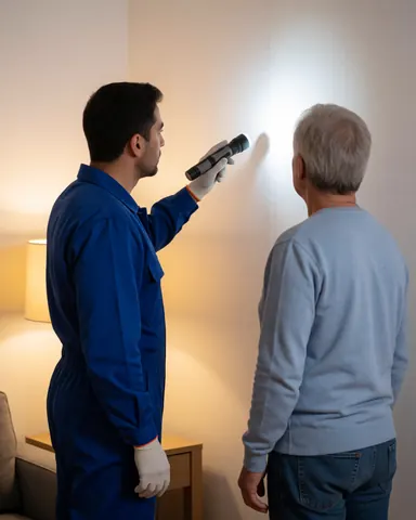 A pest control technician wearing gloves and holding a flashlight examines a treated wall during a service inspection.