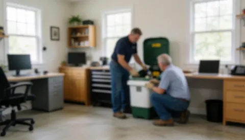 Technicians installing a pest control bait station inside an office with wooden furniture and windows