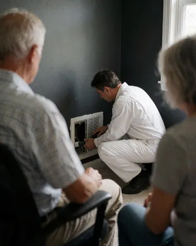 Technician in white uniform cleaning an HVAC fan in a room with charcoal gray walls while a client observes the pest control service.