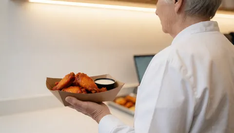 A server in a white uniform holding a plate of fried chicken with ranch sauce in a clean pizzeria setting.