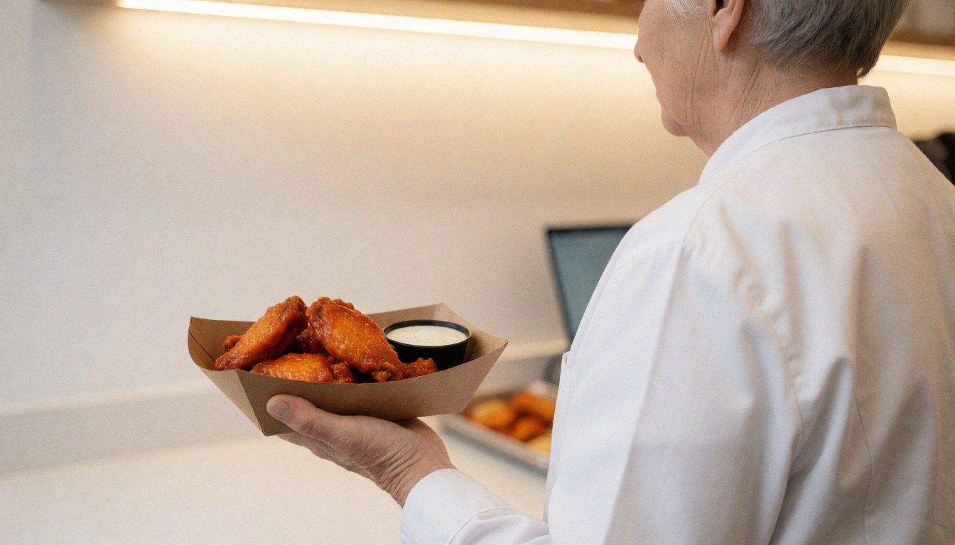 A server in a white uniform holding a plate of fried chicken with ranch sauce in a clean pizzeria setting.