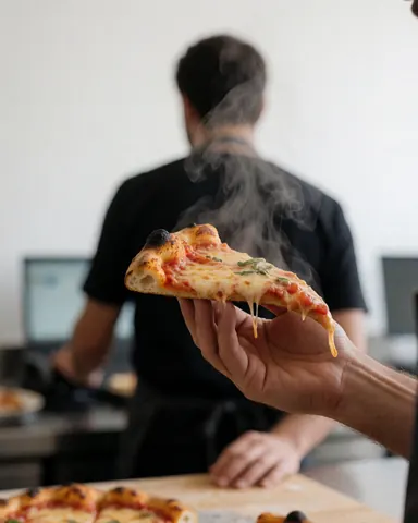 Close-up of a hand holding a hot pizza slice with steam rising, showcasing melted cheese in a pizzeria setting.