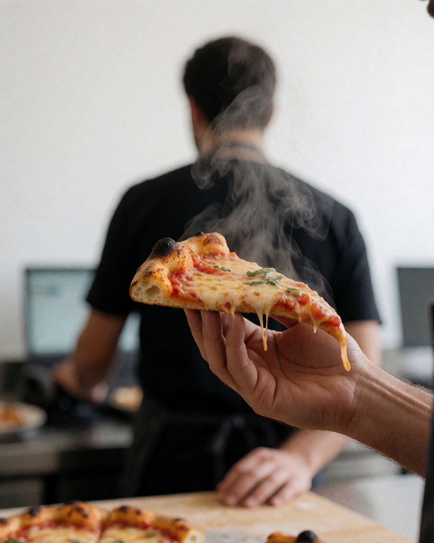 Close-up of a hand holding a hot pizza slice with steam rising, showcasing melted cheese in a pizzeria setting.