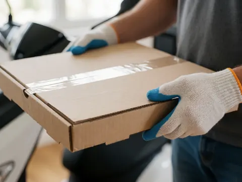 Gloved hands holding a sealed pizza box with a blurred background featuring a scooter and light gray walls