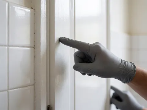 Hand in nitrile glove inspecting a crack in a white door frame against a white tiled wall for pest control service