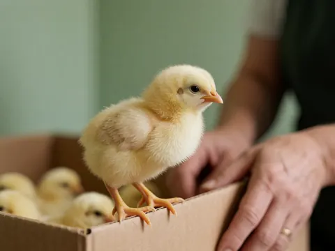 A fluffy yellow chick stands on the edge of a cardboard box held by human hands against a blurred green background.