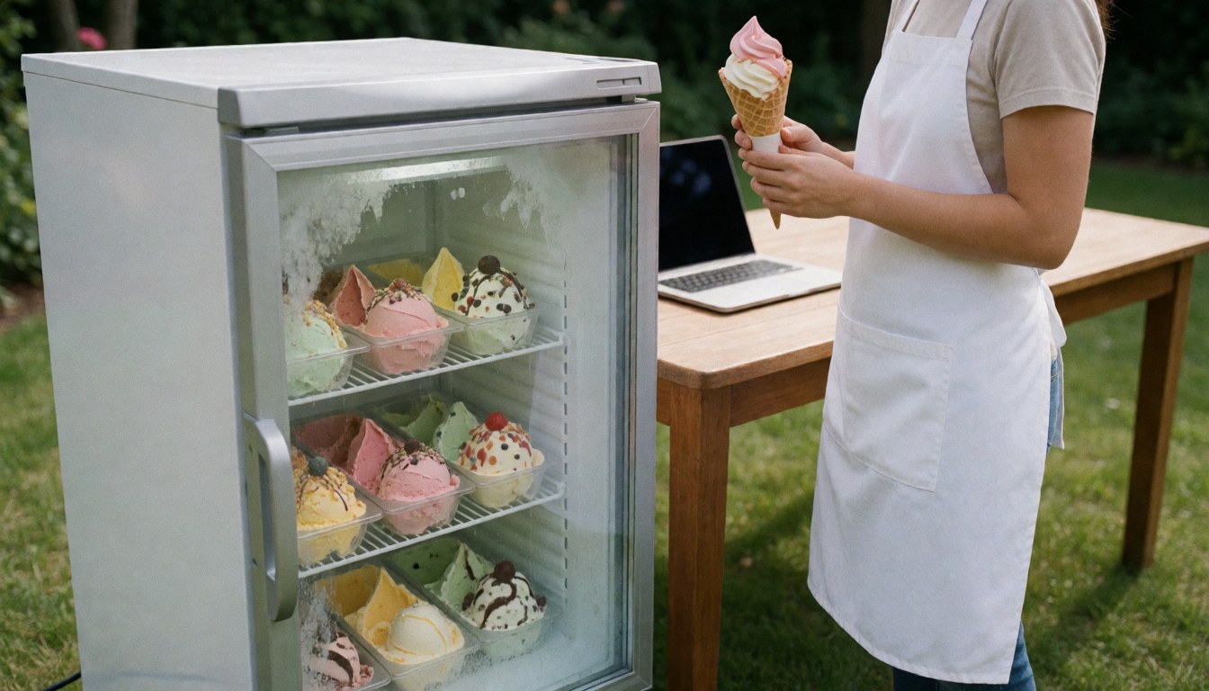 A person in an apron serves an ice cream cone in front of a freezer displaying artisanal ice creams in a garden.