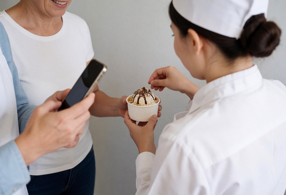 Server adjusting chocolate and nut topping on ice cream while a customer takes a photo in a light gray walled shop