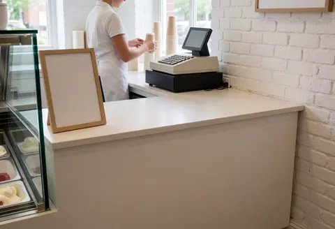 Clerk organizing ice cream tubs at counter with cash register and white brick wall