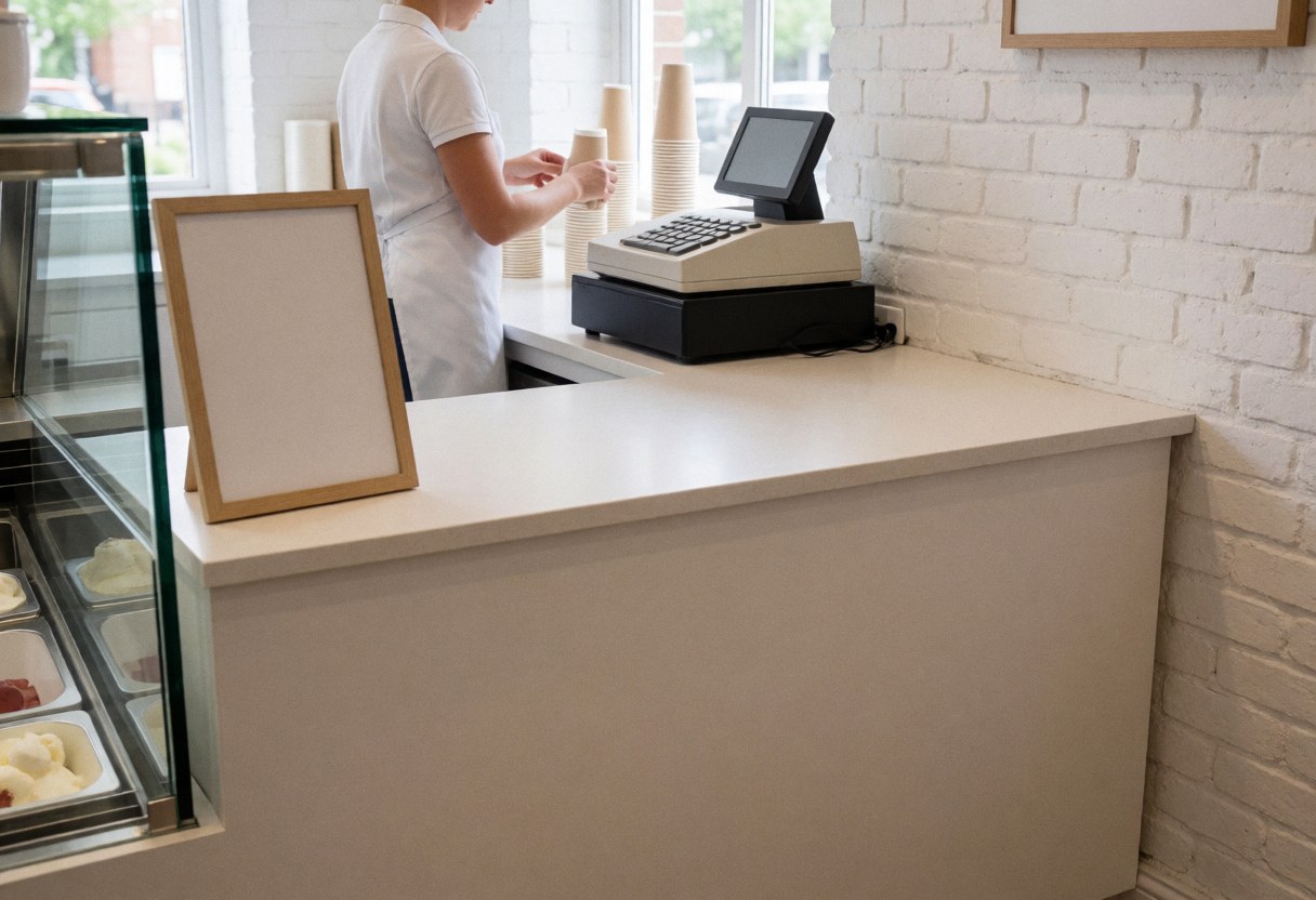 Clerk organizing ice cream tubs at counter with cash register and white brick wall