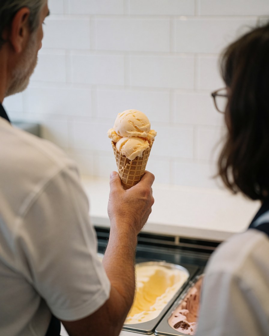 A customer receives a waffle cone filled with ice cream at a shop with white tiled walls.
