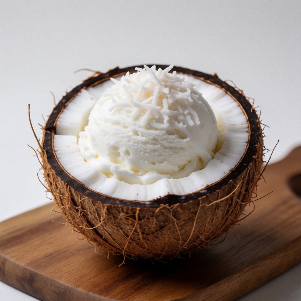 Creamy coconut ice cream presented in a natural coconut shell on a wooden board for a professional ice cream shop display