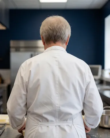 Chef working in a kitchen with a blue wall and stainless steel equipment