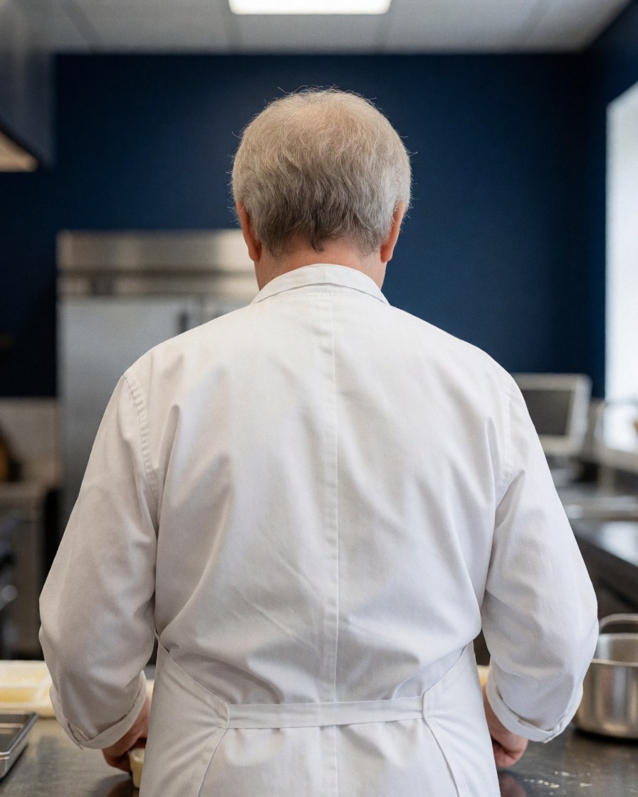 Chef working in a kitchen with a blue wall and stainless steel equipment