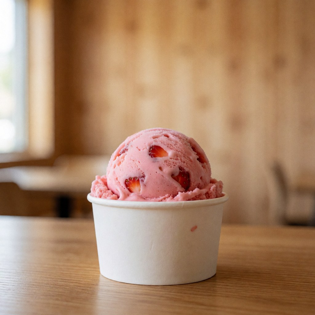 Strawberry sorbet topped with fresh fruit served in a paper cup on a wooden table at an ice cream shop