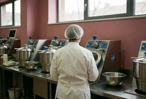 A worker wearing a hygiene cap operates industrial machines in an ice cream shop with pink walls and natural light.