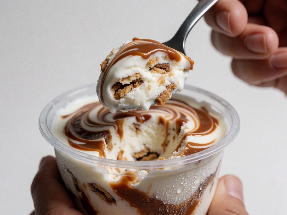 A spoon lifts a scoop of ice cream topped with cookie pieces and dulce de leche from a plastic cup, presenting a clean and appetizing dessert.