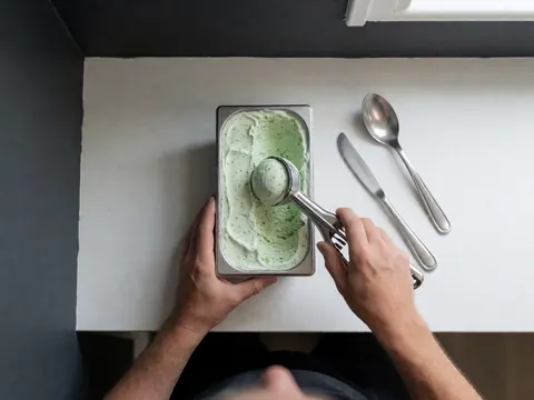 Top view of a mint ice cream container with a scoop on a gray wall in an ice cream shop