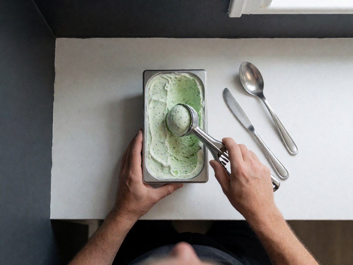 Top view of a mint ice cream container with a scoop on a gray wall in an ice cream shop