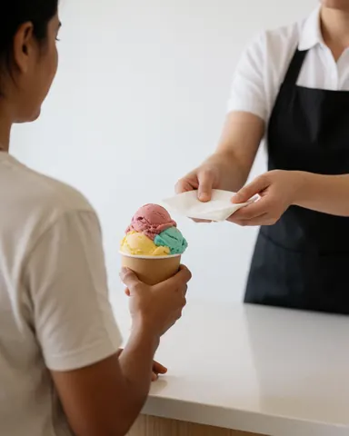 A customer receives a multi-flavor ice cream cone from a server in a clean ice cream shop setting.