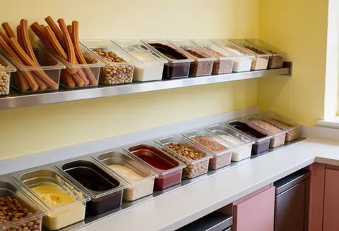 Assorted toppings including churros, sauces, and sprinkles displayed on metal shelves in a bright yellow ice cream shop.