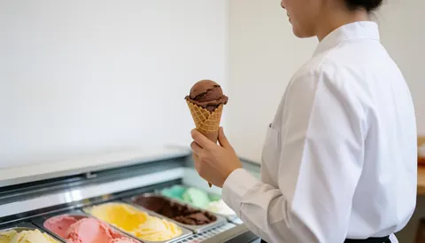 Server holding a chocolate ice cream cone in a shop with a colorful refrigerated display in the background
