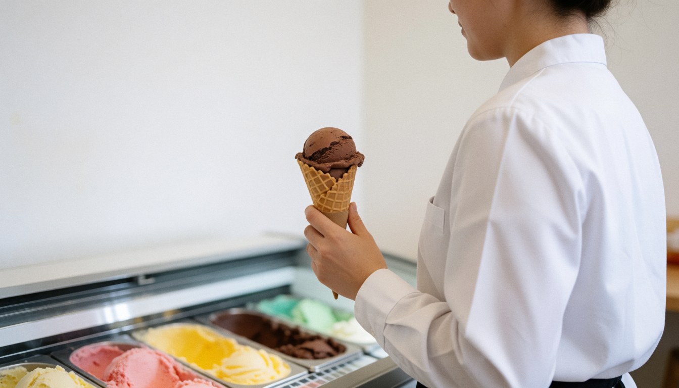 Server holding a chocolate ice cream cone in a shop with a colorful refrigerated display in the background