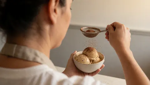Cocoa powder being sprinkled over coffee ice cream in a white container at an ice cream shop