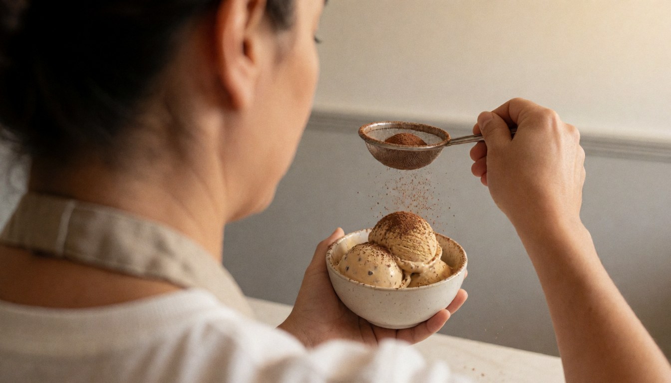 Cocoa powder being sprinkled over coffee ice cream in a white container at an ice cream shop