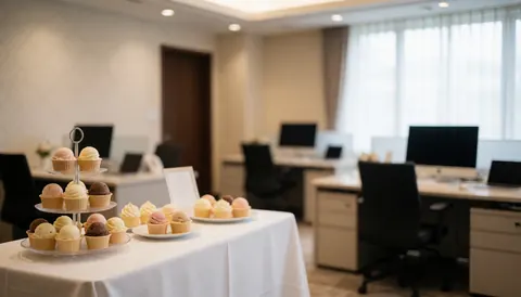 Ice cream served in glasses on a white table with blurred office desks in the background, suitable for a business setting.