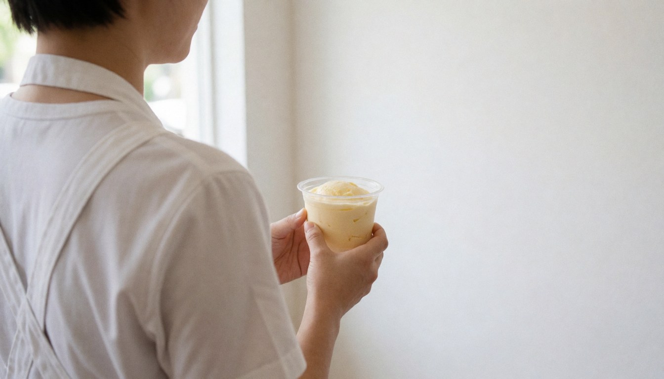 Person serving ice cream in a cup against a white wall with natural light and space for text