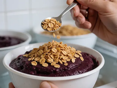 Close-up of a hand sprinkling golden granola onto purple acai in a white ceramic cup against a white tiled background