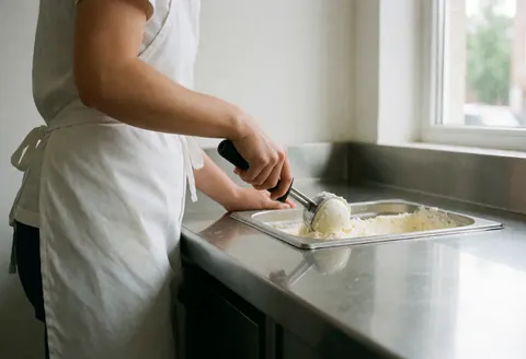 Vanilla ice cream with visible seeds being scooped and served in a clean, modern ice cream shop.