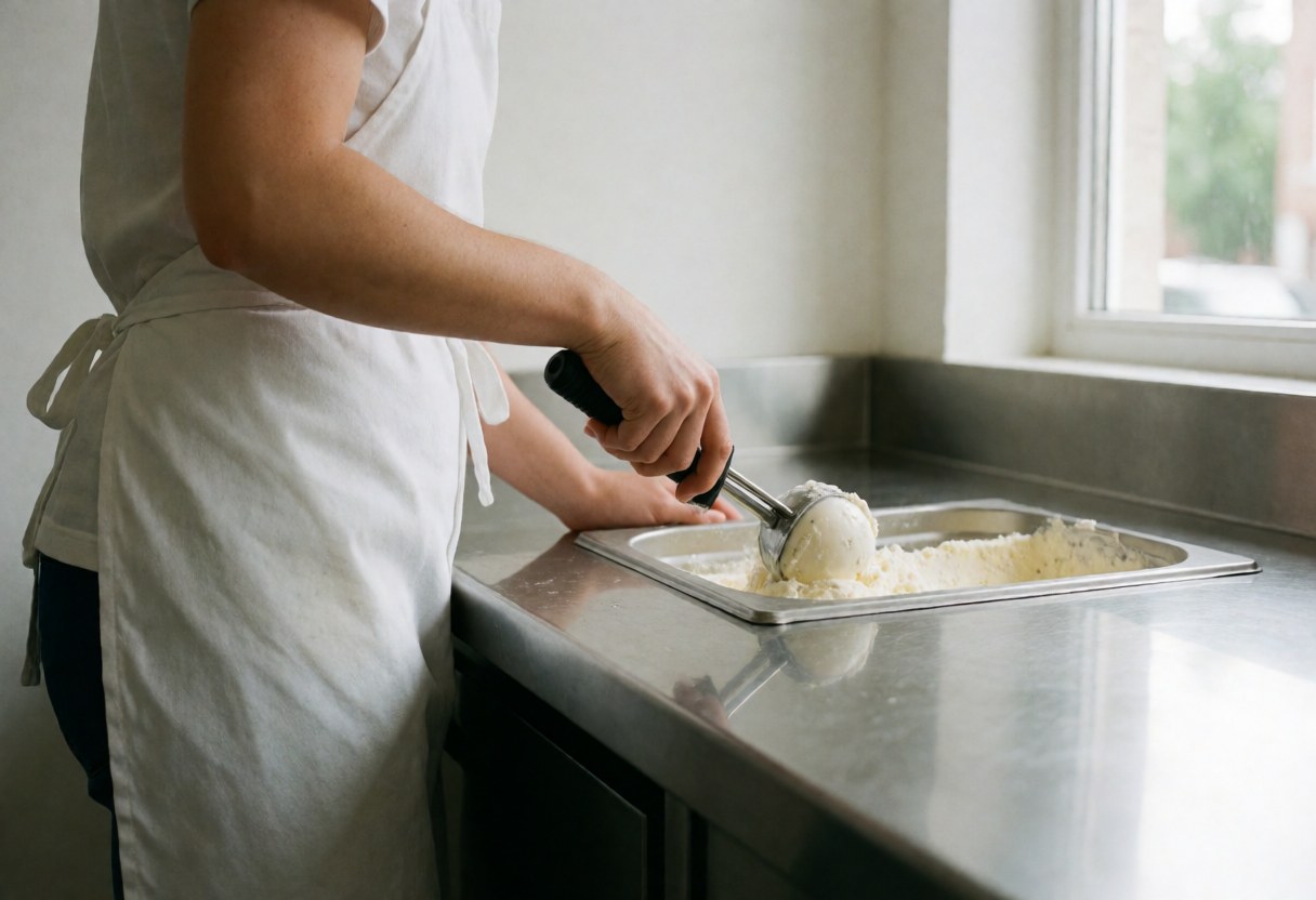 Vanilla ice cream with visible seeds being scooped and served in a clean, modern ice cream shop.