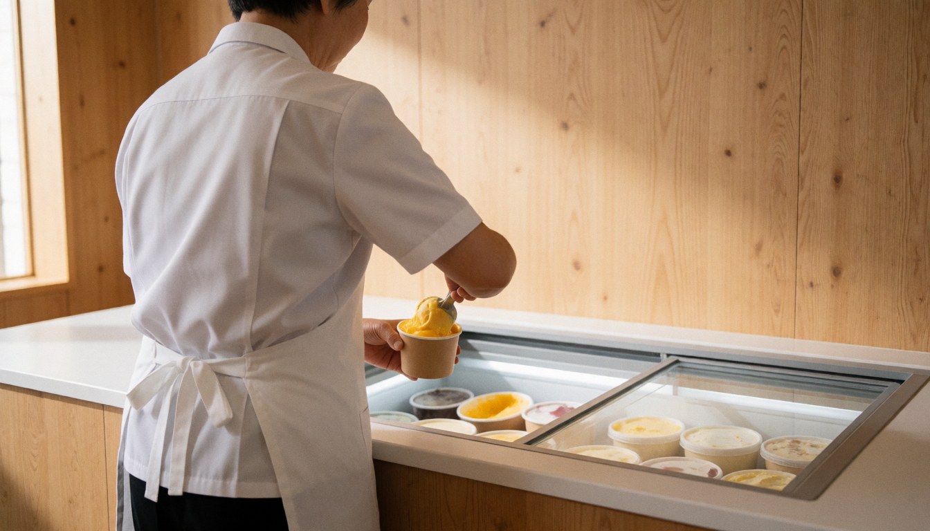 A waiter serves mango ice cream in a shop with light wood walls and natural window light
