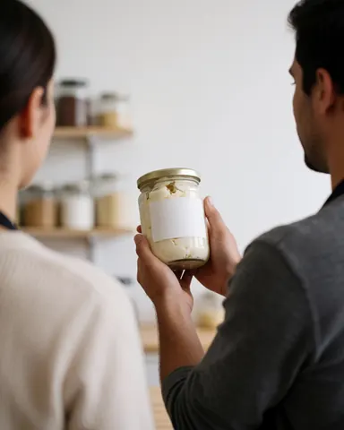 A happy customer receiving a pitcher of homemade ice cream in an ice cream shop with ingredient shelves in the background